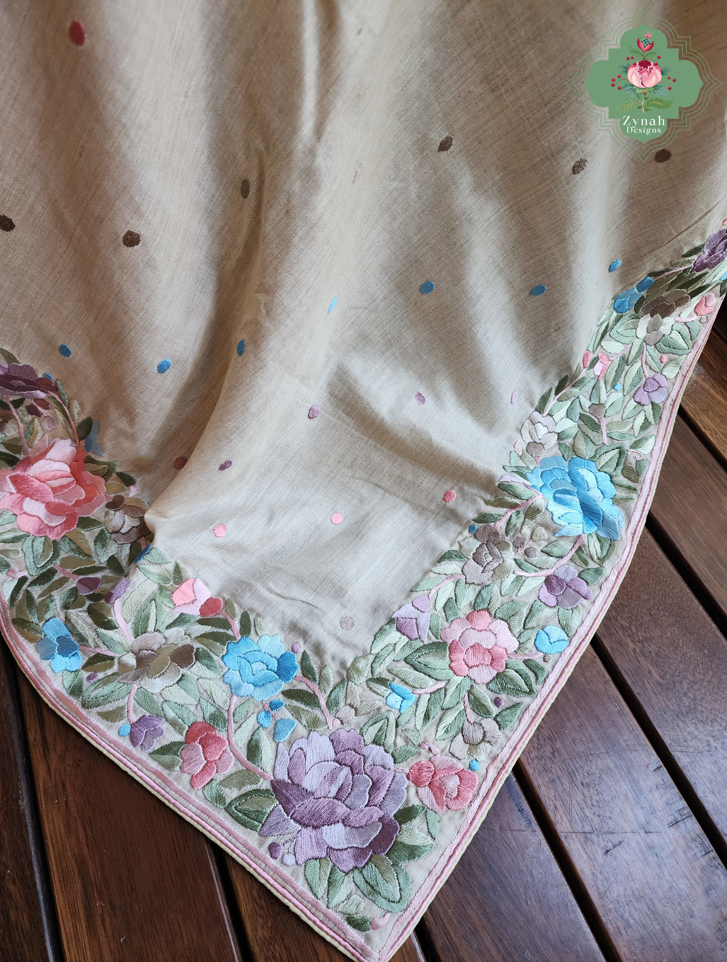 Zynah Sheherazade Gara – Beige Pure Tussar Silk Hand Embroidered Parsi Gara Saree