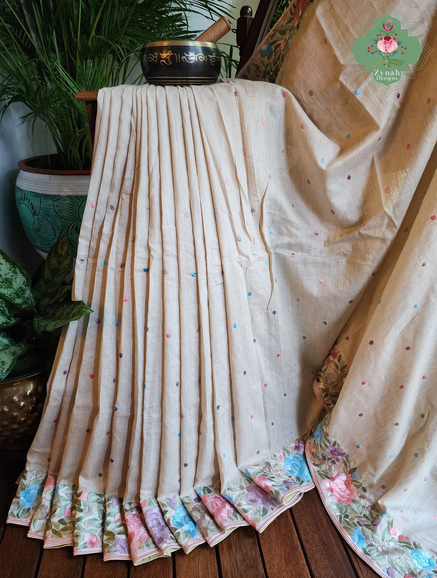 Zynah Sheherazade Gara – Beige Pure Tussar Silk Hand Embroidered Parsi Gara Saree