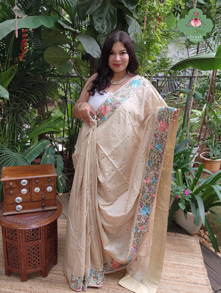 Zynah Made To Order Beige Pure Tussar Silk Hand Embroidered Parsi Gara Saree; Custom Stitched/Ready-made Blouse, Fall, Petticoat; SKU: 2705202601