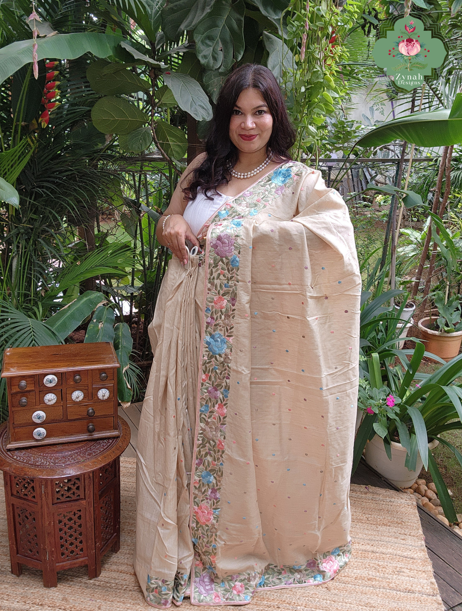Zynah Made To Order Beige Pure Tussar Silk Hand Embroidered Parsi Gara Saree; Custom Stitched/Ready-made Blouse, Fall, Petticoat; SKU: 2705202601