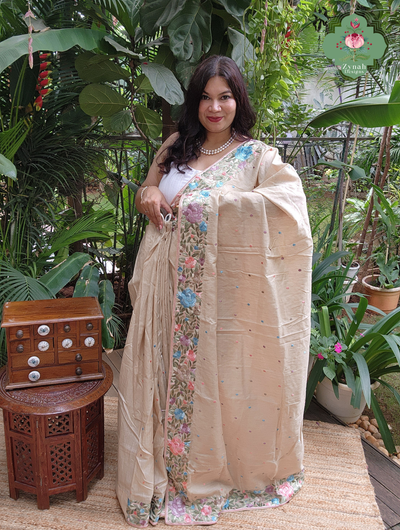 Zynah Made To Order Beige Pure Tussar Silk Hand Embroidered Parsi Gara Saree; Custom Stitched/Ready-made Blouse, Fall, Petticoat; SKU: 2705202601