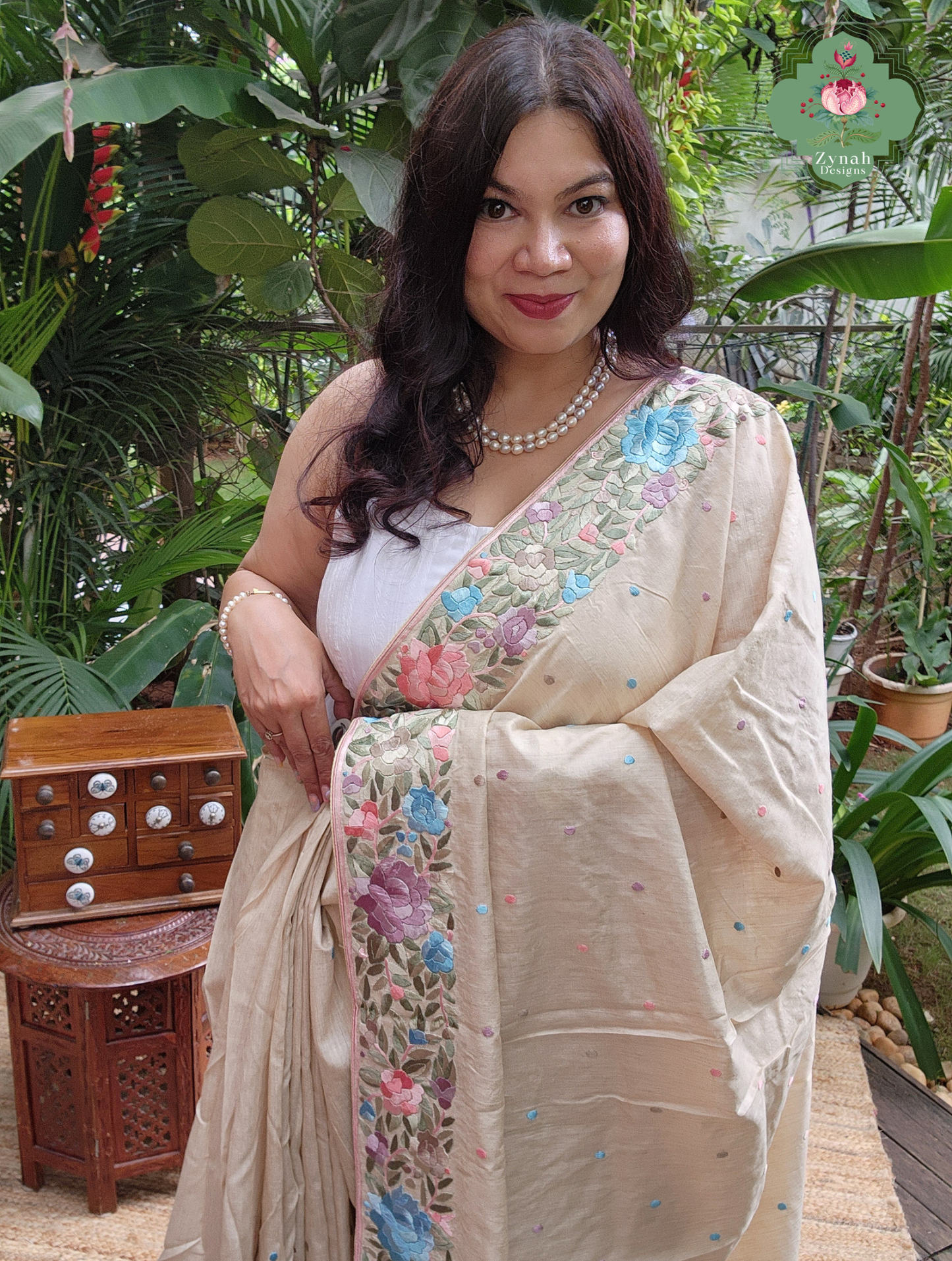Zynah Sheherazade Gara – Beige Pure Tussar Silk Hand Embroidered Parsi Gara Saree