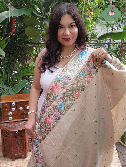 Zynah Sheherazade Gara – Beige Pure Tussar Silk Hand Embroidered Parsi Gara Saree