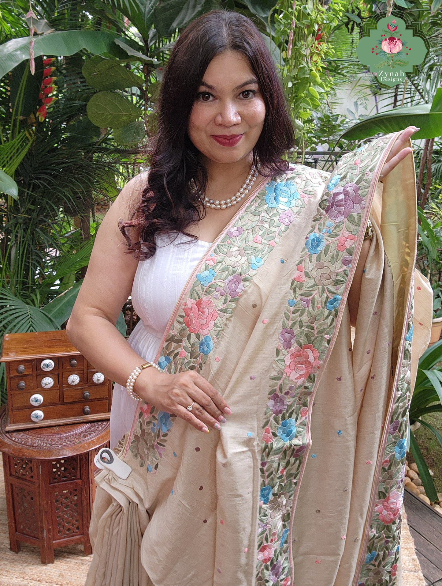 Zynah Sheherazade Gara – Beige Pure Tussar Silk Hand Embroidered Parsi Gara Saree