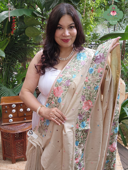 Zynah Sheherazade Gara – Beige Pure Tussar Silk Hand Embroidered Parsi Gara Saree