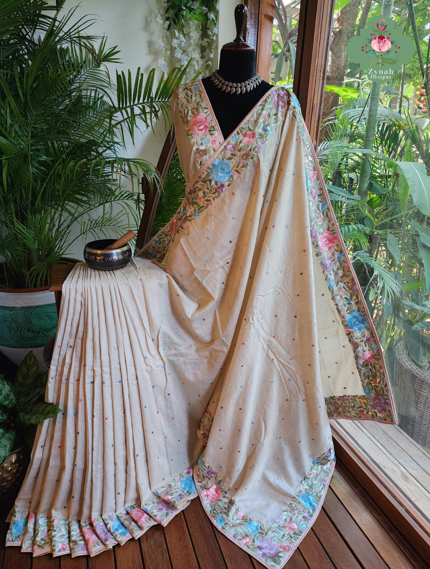 Zynah Sheherazade Gara – Beige Pure Tussar Silk Hand Embroidered Parsi Gara Saree