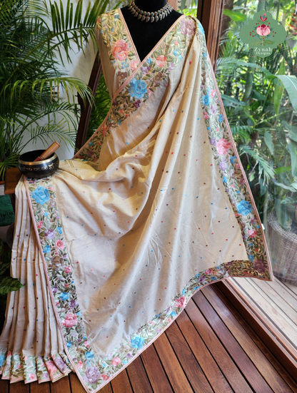 Zynah Sheherazade Gara – Beige Pure Tussar Silk Hand Embroidered Parsi Gara Saree
