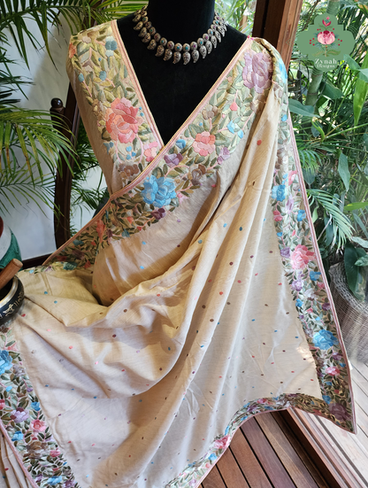 Zynah Sheherazade Gara – Beige Pure Tussar Silk Hand Embroidered Parsi Gara Saree