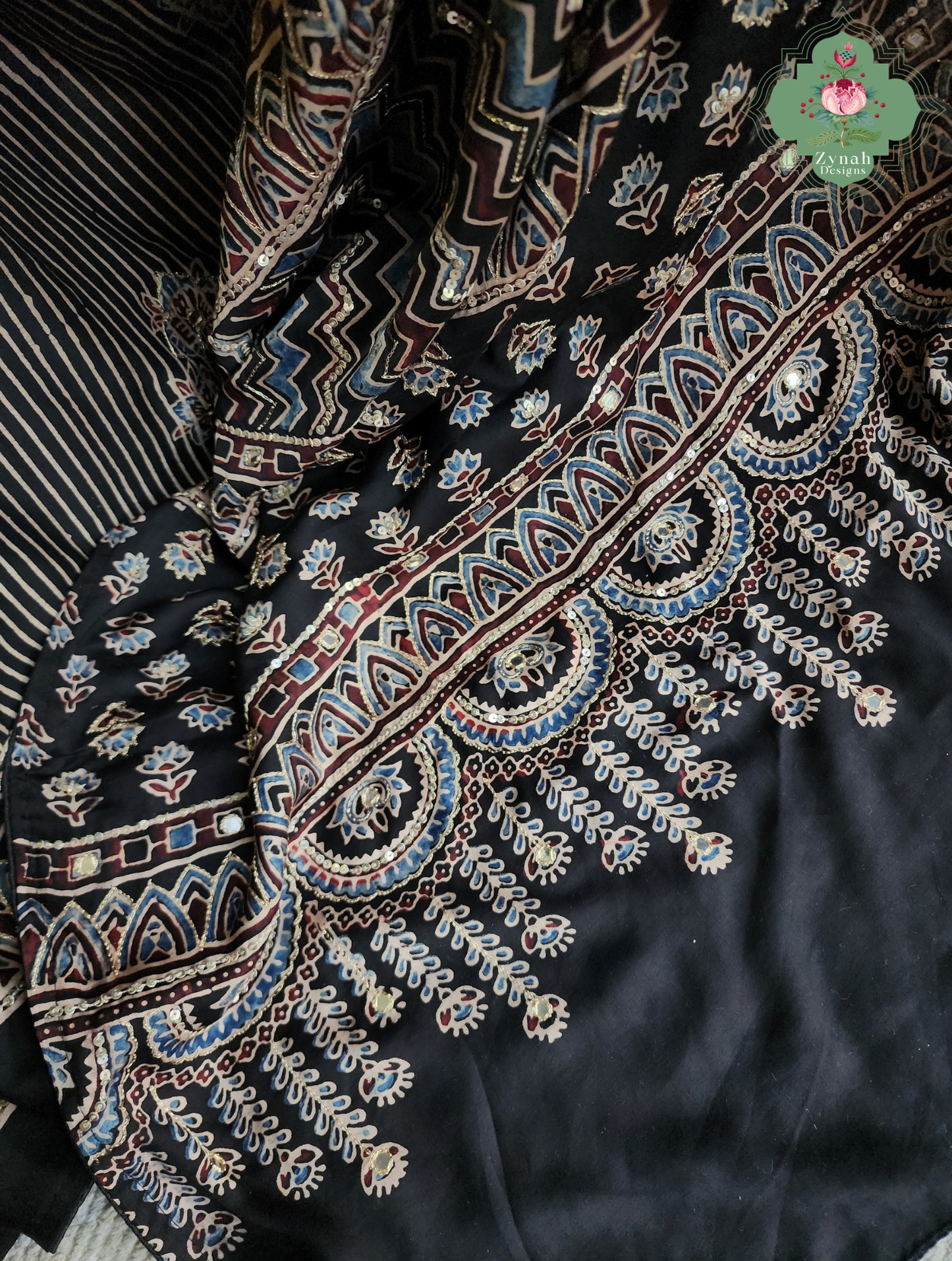 Zynah Sunehri Viraasat – Beige & Black Ajrakh Modal Silk Saree with Hand Embellishments