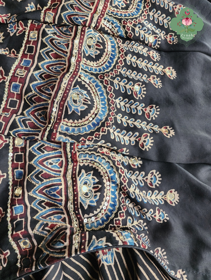 Zynah Sunehri Viraasat – Beige & Black Ajrakh Modal Silk Saree with Hand Embellishments