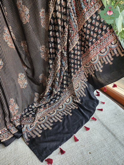 Zynah Sunehri Viraasat – Beige & Black Ajrakh Modal Silk Saree with Hand Embellishments