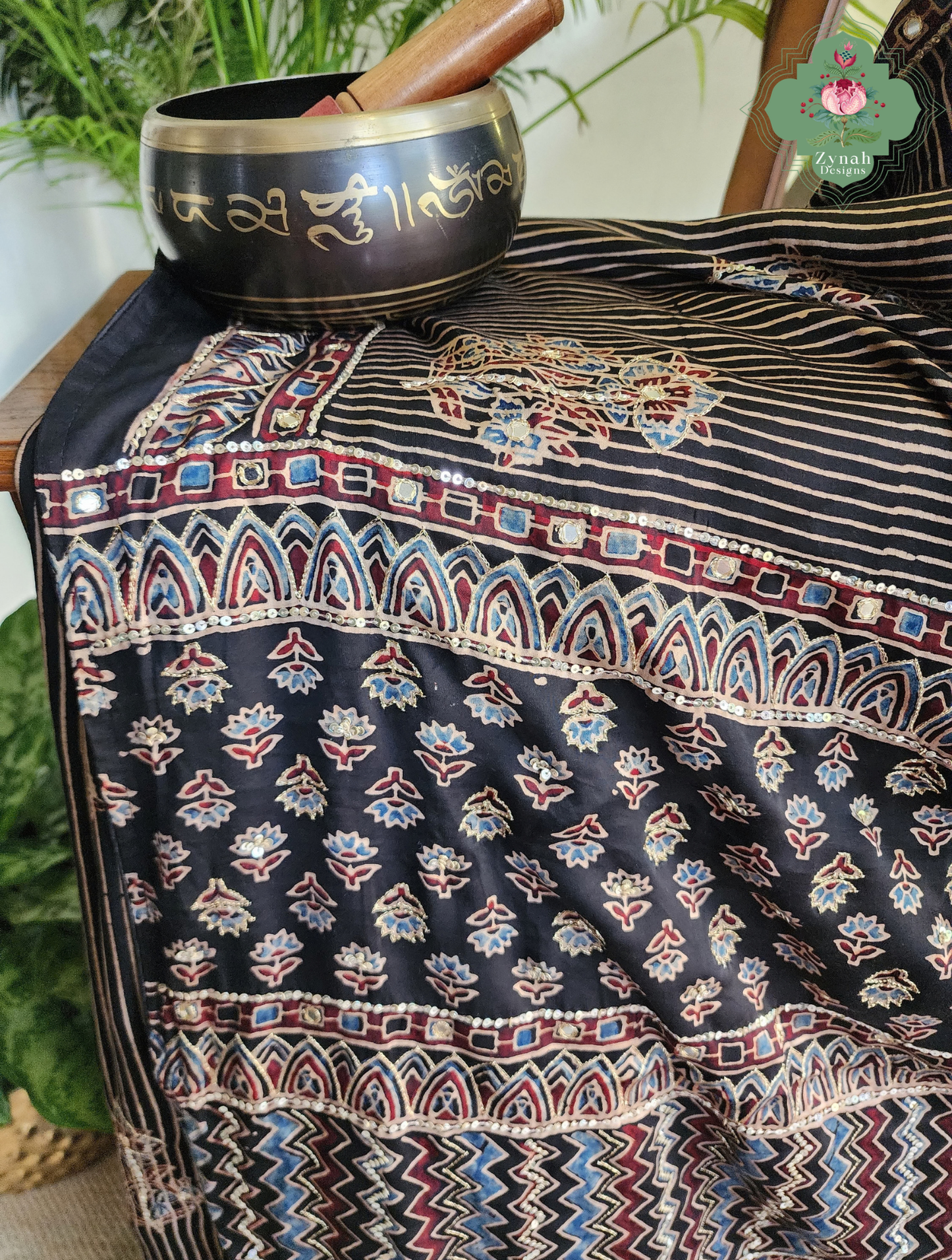 Zynah Sunehri Viraasat – Beige & Black Ajrakh Modal Silk Saree with Hand Embellishments
