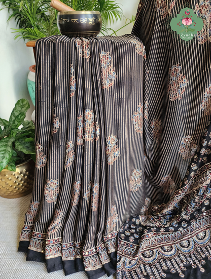 Zynah Sunehri Viraasat – Beige & Black Ajrakh Modal Silk Saree with Hand Embellishments