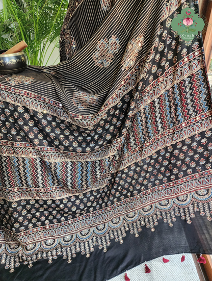 Zynah Sunehri Viraasat – Beige & Black Ajrakh Modal Silk Saree with Hand Embellishments