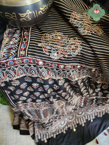 Zynah Sunehri Viraasat – Beige & Black Ajrakh Modal Silk Saree with Hand Embellishments