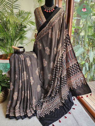 Zynah Made To Order Beige & Black Ajrakh Modal Silk Saree With Hand Embellishments; Custom Stitched/Ready-made Blouse, Fall, Petticoat; SKU:1103202602