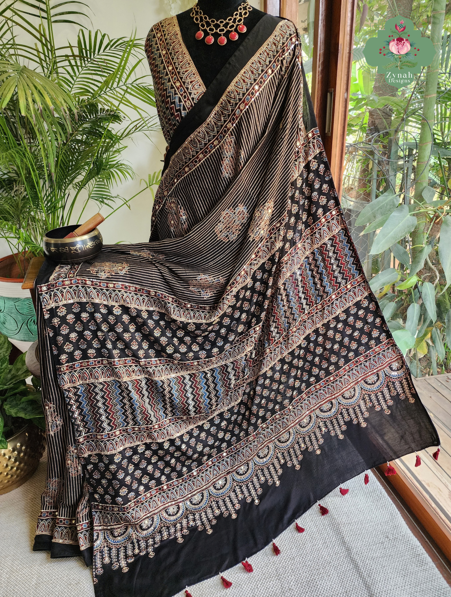 Zynah Made To Order Beige & Black Ajrakh Modal Silk Saree With Hand Embellishments; Custom Stitched/Ready-made Blouse, Fall, Petticoat; SKU:1103202602