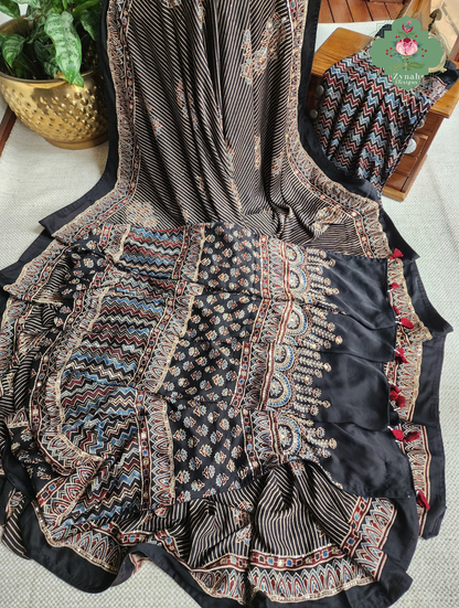 Zynah Sunehri Viraasat – Beige & Black Ajrakh Modal Silk Saree with Hand Embellishments