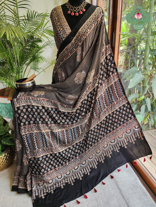Zynah Made To Order Beige & Black Ajrakh Modal Silk Saree With Hand Embellishments; Custom Stitched/Ready-made Blouse, Fall, Petticoat; SKU:1103202602