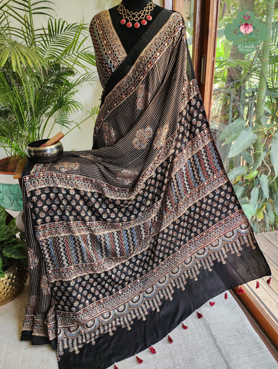 Zynah Made To Order Beige & Black Ajrakh Modal Silk Saree With Hand Embellishments; Custom Stitched/Ready-made Blouse, Fall, Petticoat; SKU:1103202602