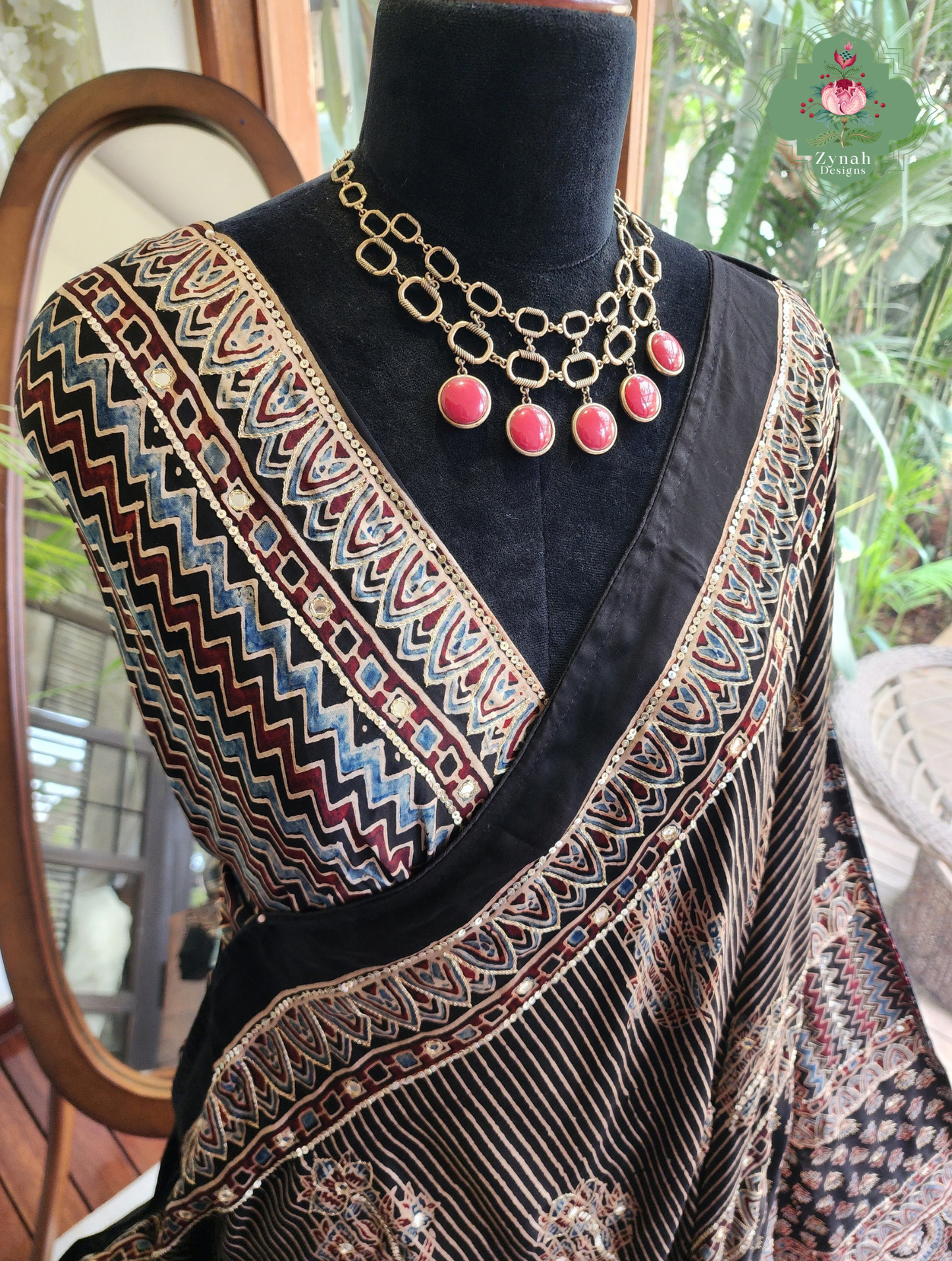 Zynah Sunehri Viraasat – Beige & Black Ajrakh Modal Silk Saree with Hand Embellishments