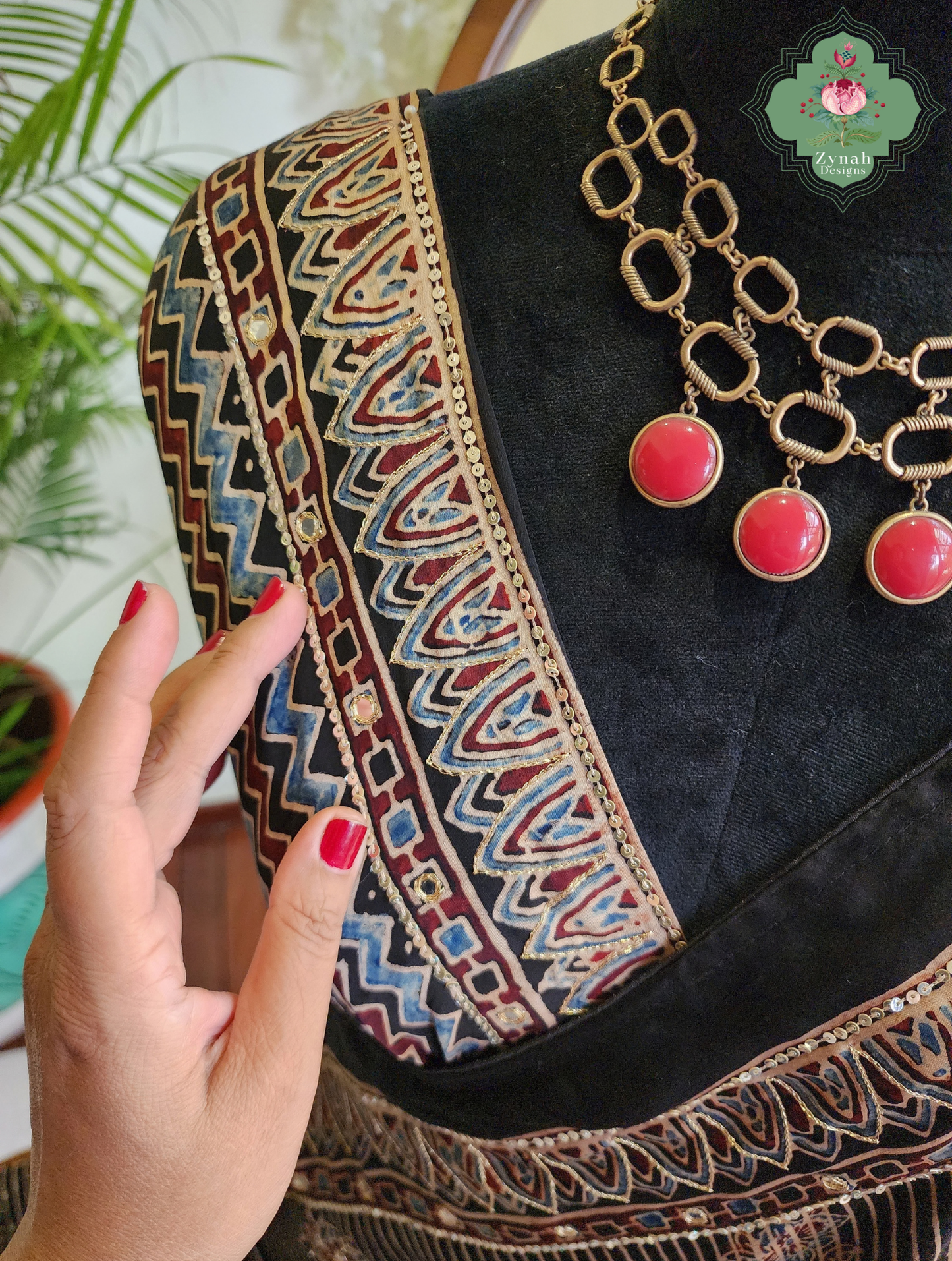 Zynah Sunehri Viraasat – Beige & Black Ajrakh Modal Silk Saree with Hand Embellishments
