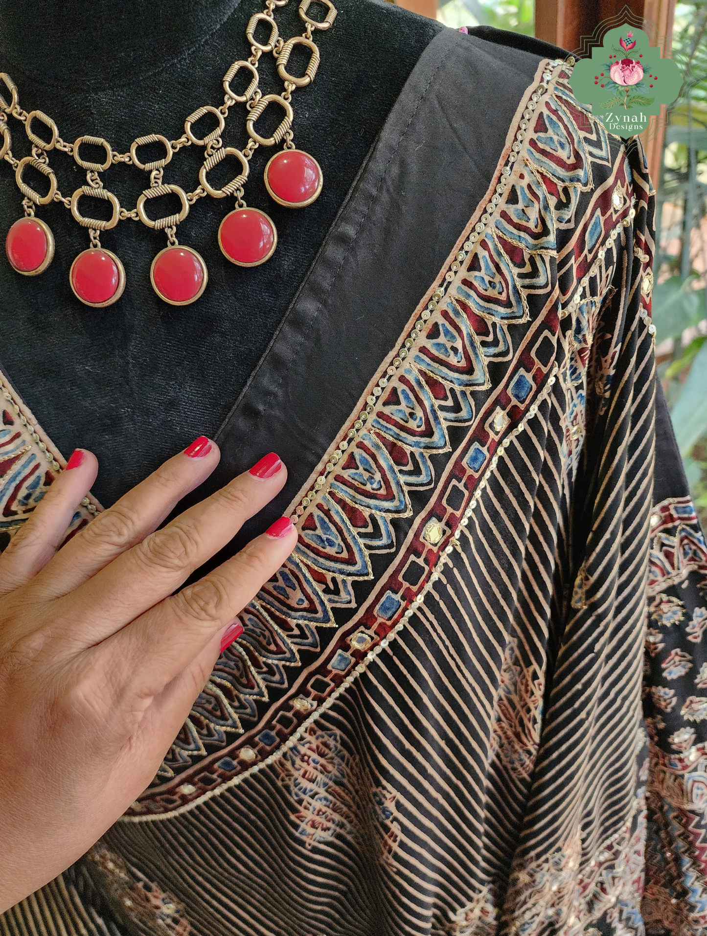 Zynah Sunehri Viraasat – Beige & Black Ajrakh Modal Silk Saree with Hand Embellishments
