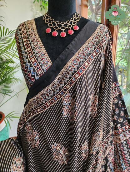 Zynah Sunehri Viraasat – Beige & Black Ajrakh Modal Silk Saree with Hand Embellishments