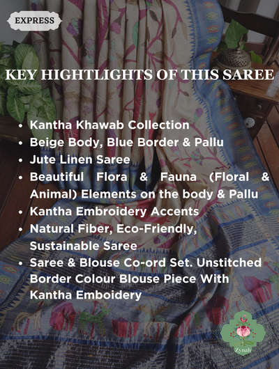 Beige & Blue Jute Linen Saree With Kantha Work & Nature Motifs