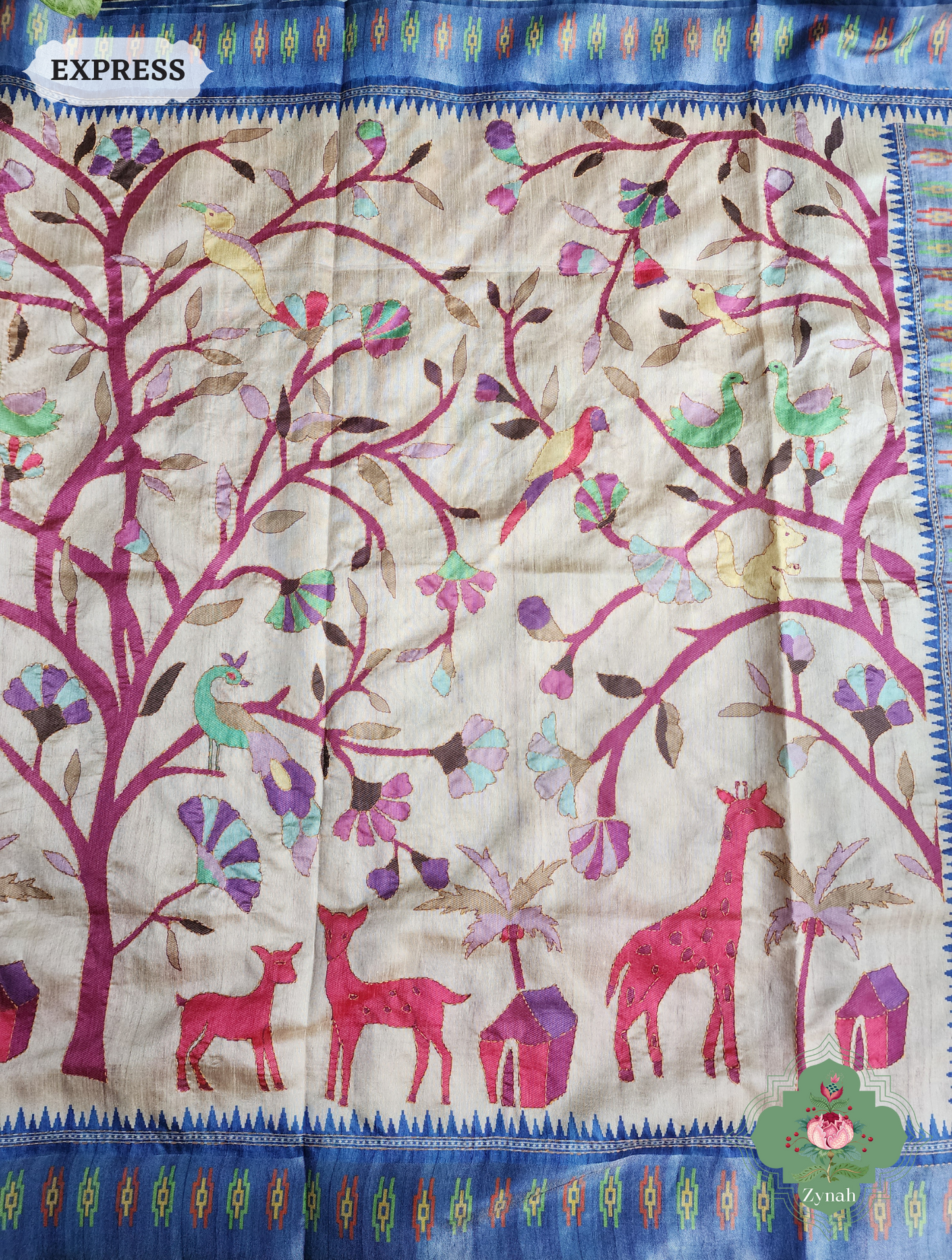 Beige & Blue Jute Linen Saree With Kantha Work & Nature Motifs
