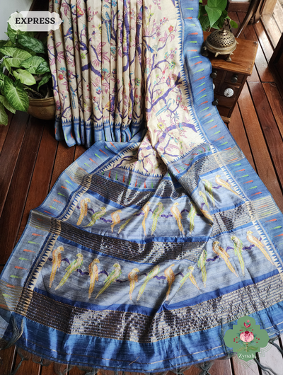 Beige & Blue Jute Linen Saree With Kantha Work & Parrot Motifs 1