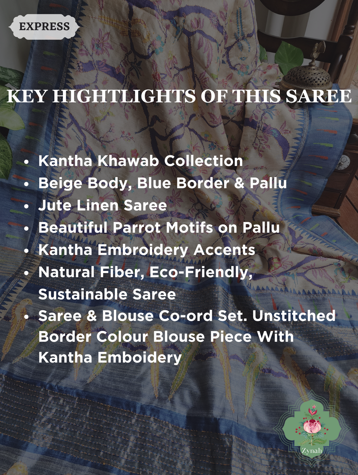 Beige & Blue Jute Linen Saree With Kantha Work & Parrot Motifs 2
