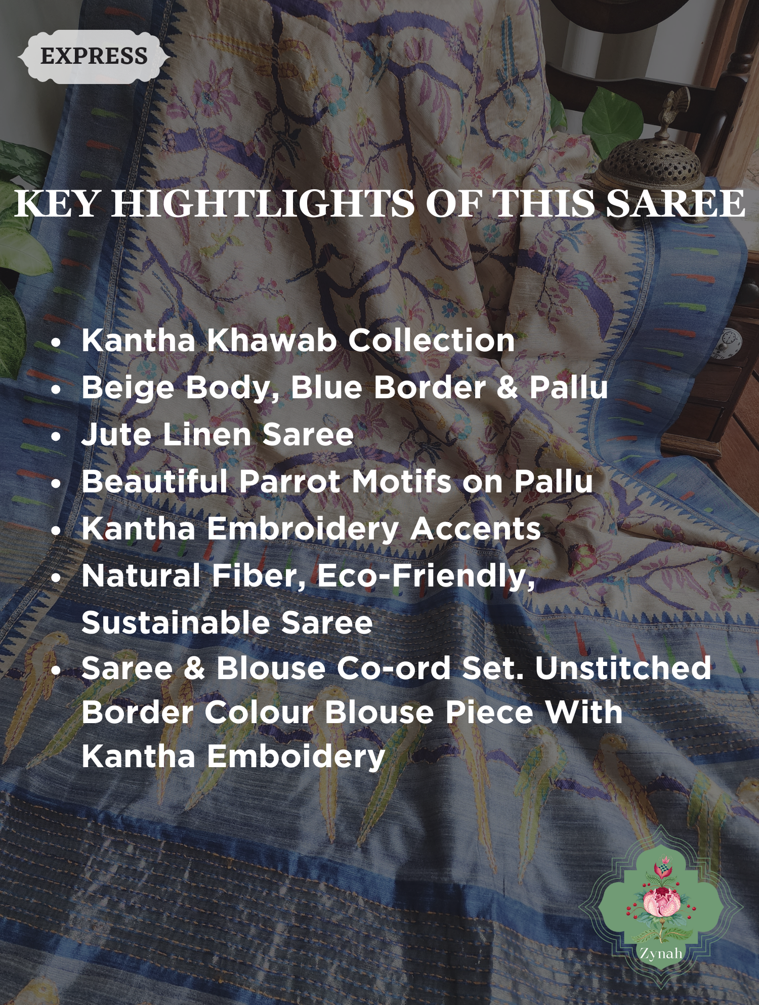 Beige & Blue Jute Linen Saree With Kantha Work & Parrot Motifs 2