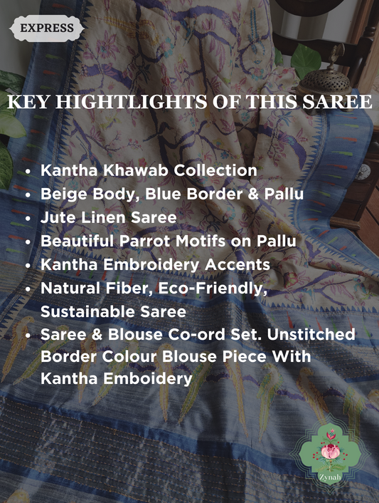 Beige & Blue Jute Linen Saree With Kantha Work & Parrot Motifs 2