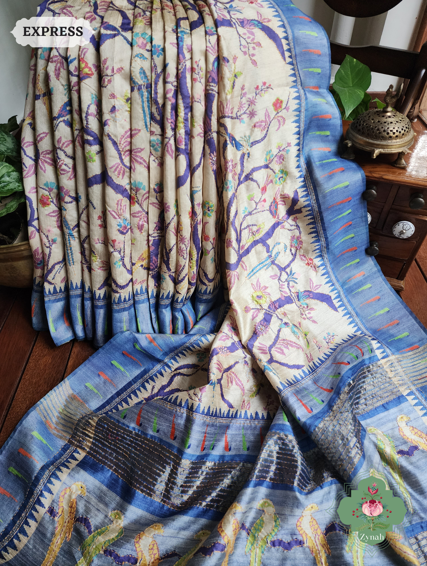 Beige & Blue Jute Linen Saree With Kantha Work & Parrot Motifs 3