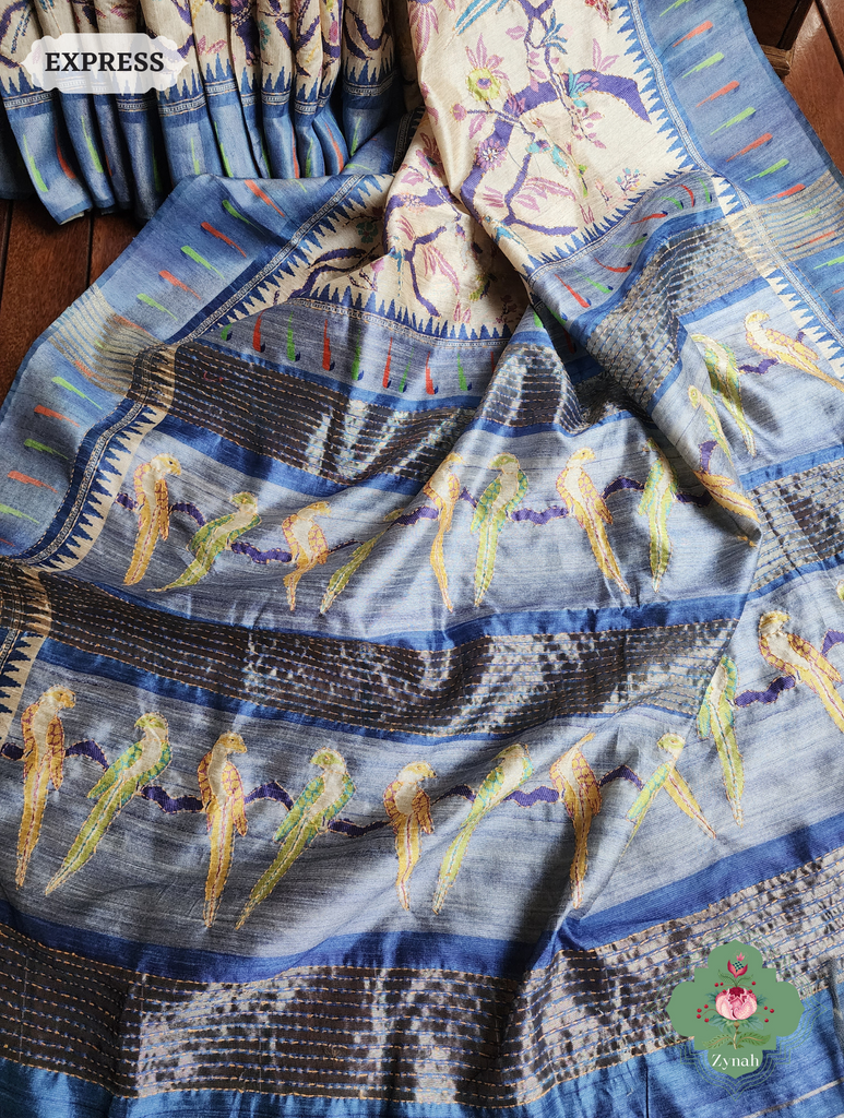 Beige & Blue Jute Linen Saree With Kantha Work & Parrot Motifs 4