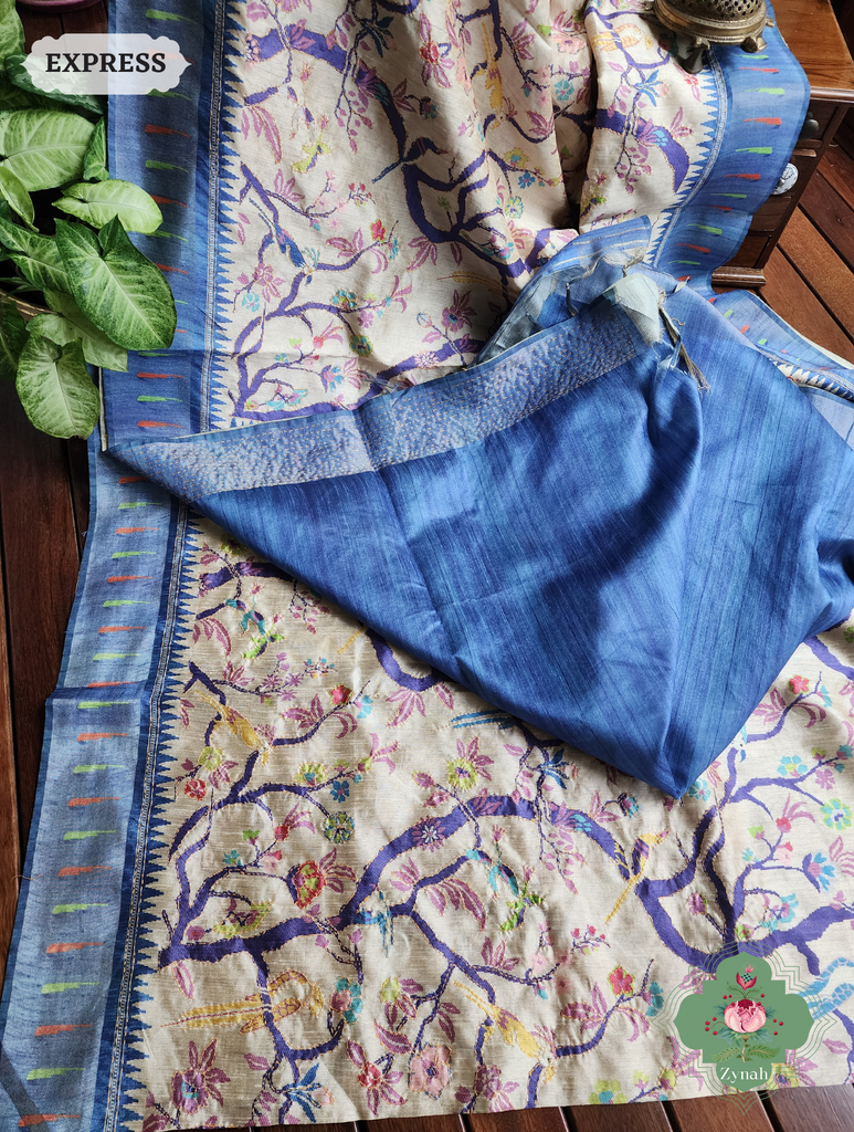 Beige & Blue Jute Linen Saree With Kantha Work & Parrot Motifs