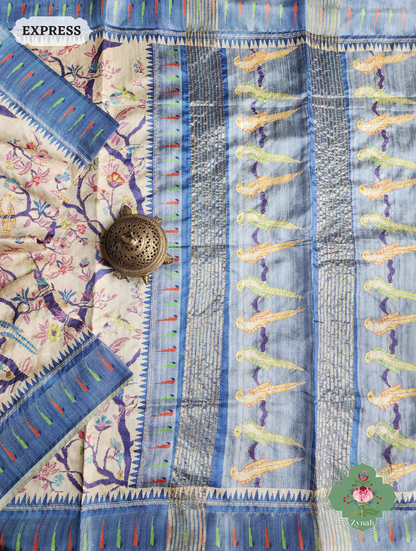 Beige & Blue Jute Linen Saree With Kantha Work & Parrot Motifs