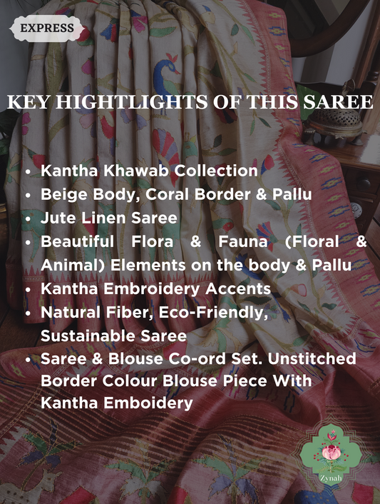 Beige & Coral Jute Linen Saree With Kantha Work & Flora & Fauna Motifs