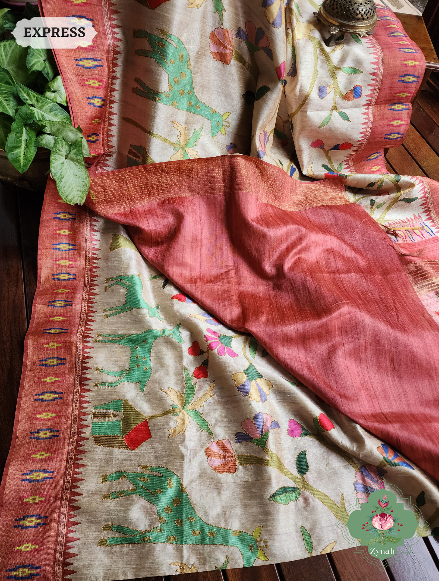 Beige & Coral Jute Linen Saree With Kantha Work & Flora & Fauna Motifs