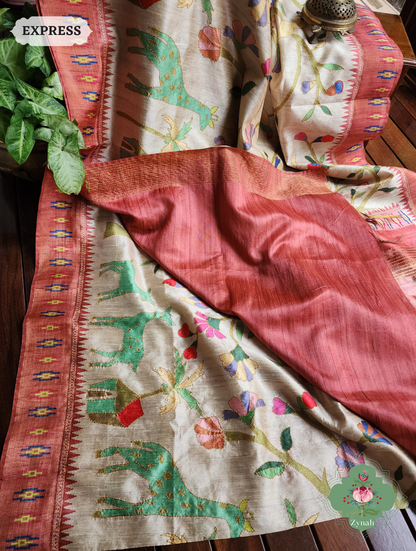Beige & Coral Jute Linen Saree With Kantha Work & Flora & Fauna Motifs