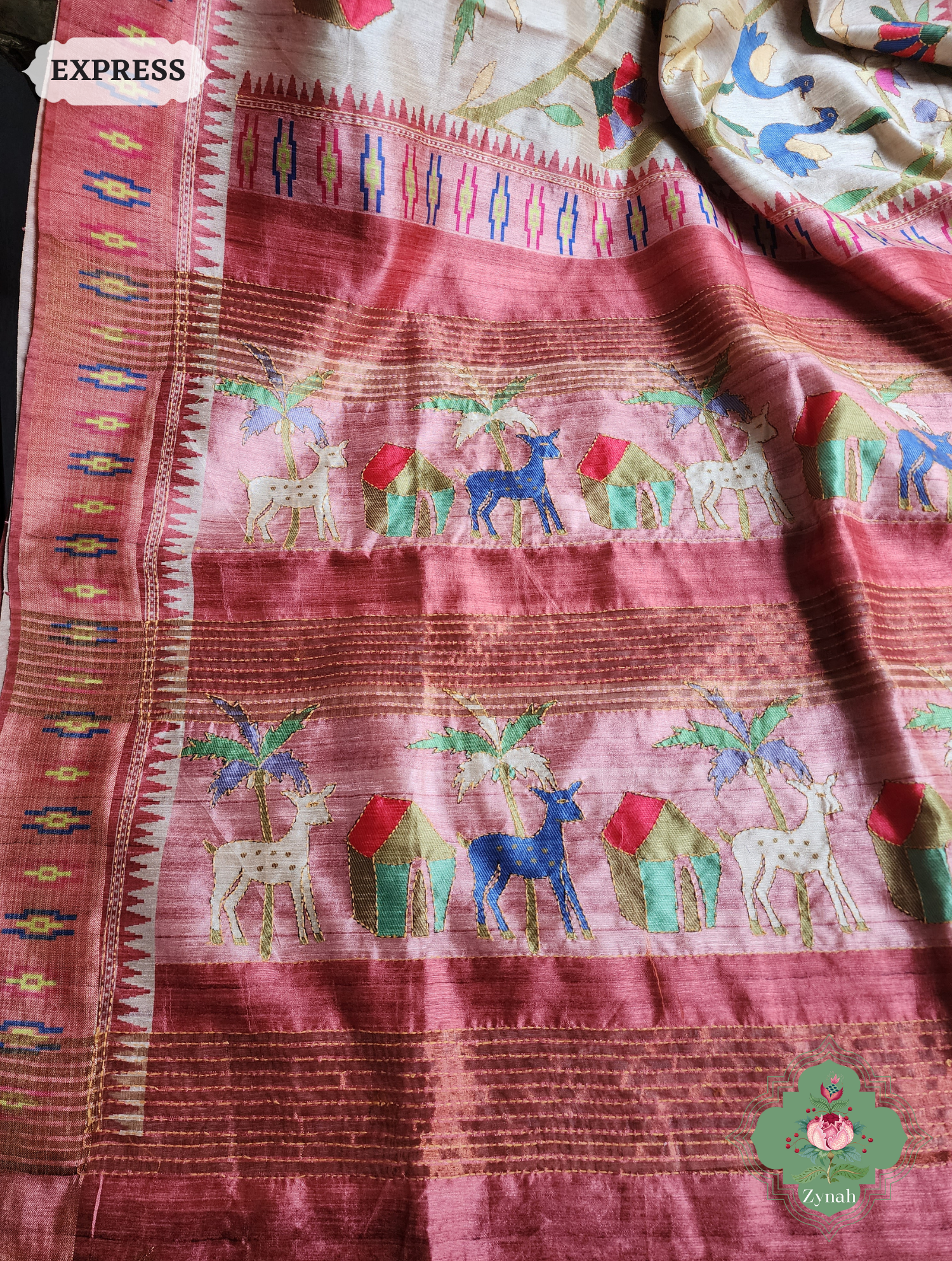 Beige & Coral Jute Linen Saree With Kantha Work & Flora & Fauna Motifs