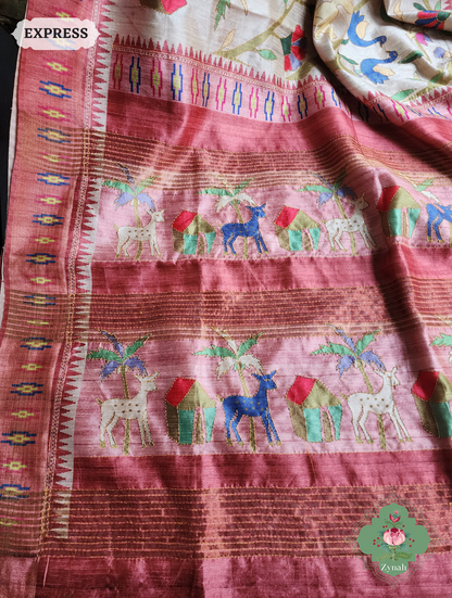 Beige & Coral Jute Linen Saree With Kantha Work & Flora & Fauna Motifs