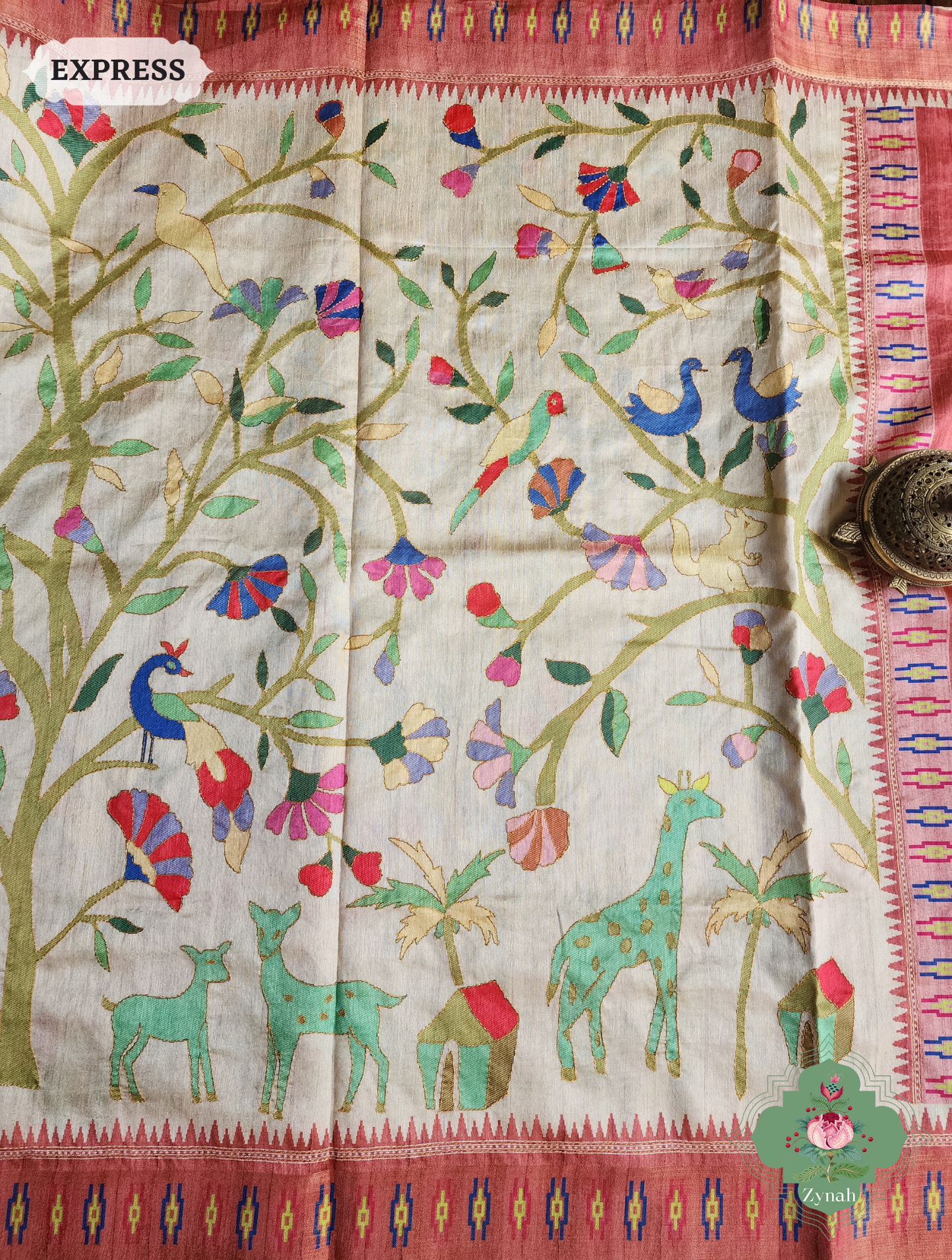 Beige & Coral Jute Linen Saree With Kantha Work & Flora & Fauna Motifs