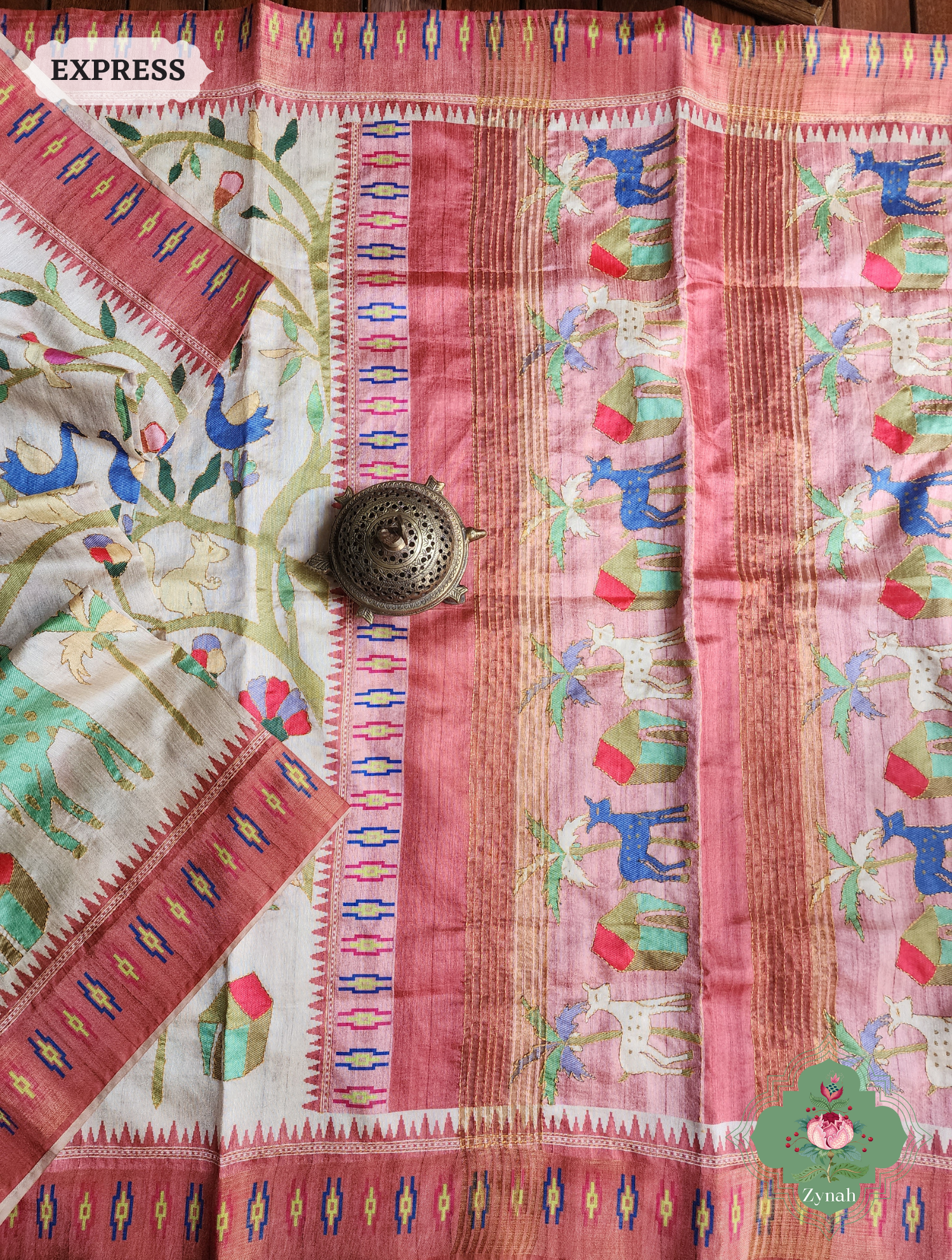 Beige & Coral Jute Linen Saree With Kantha Work & Flora & Fauna Motifs