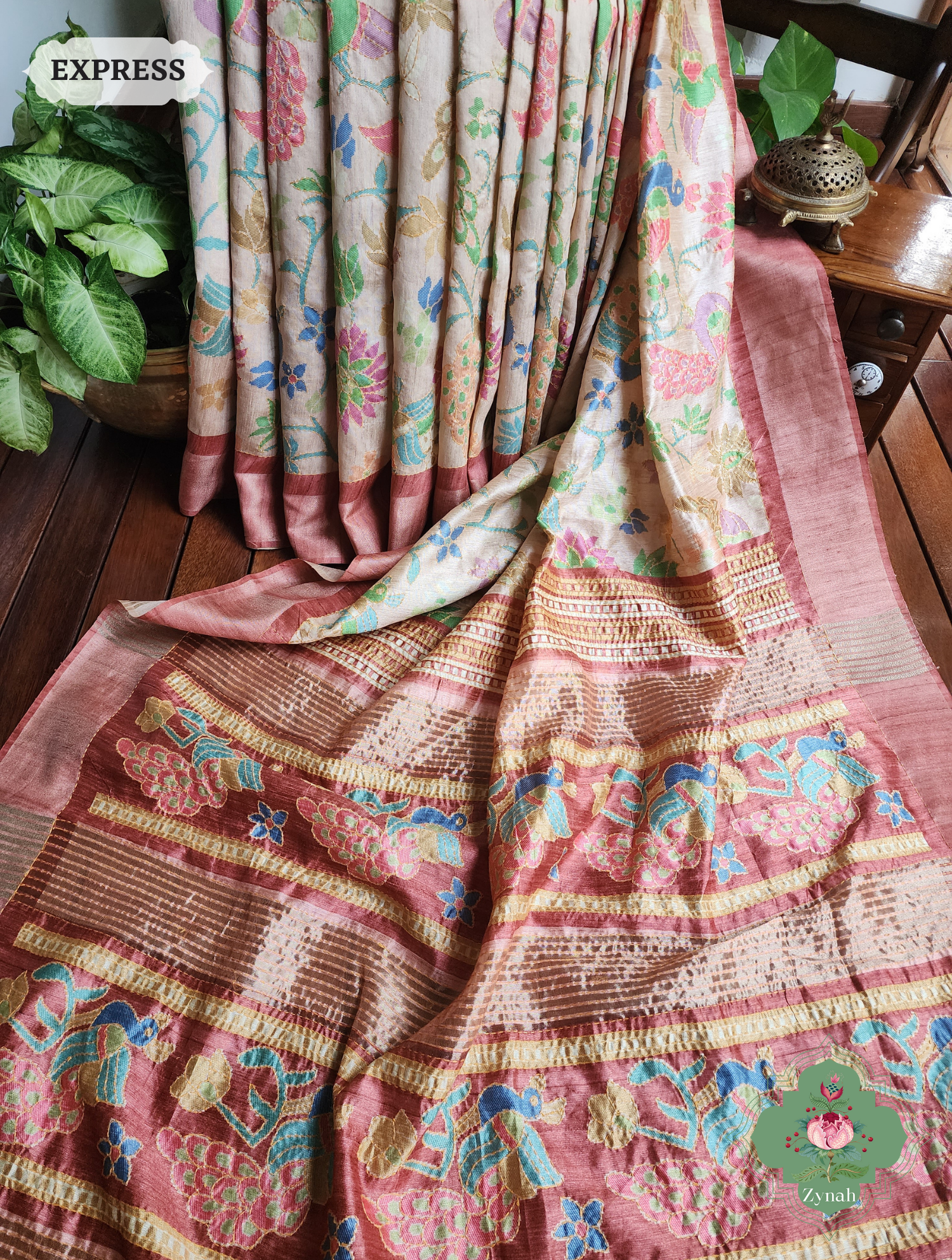 Beige & Coral Jute Linen Saree With Kantha Work & Mayura Motifs