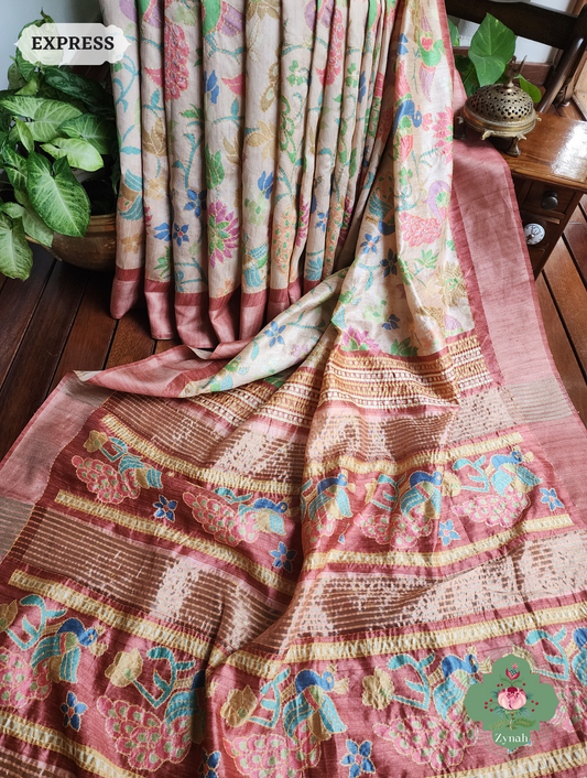 Beige & Coral Jute Linen Saree With Kantha Work & Mayura Motifs