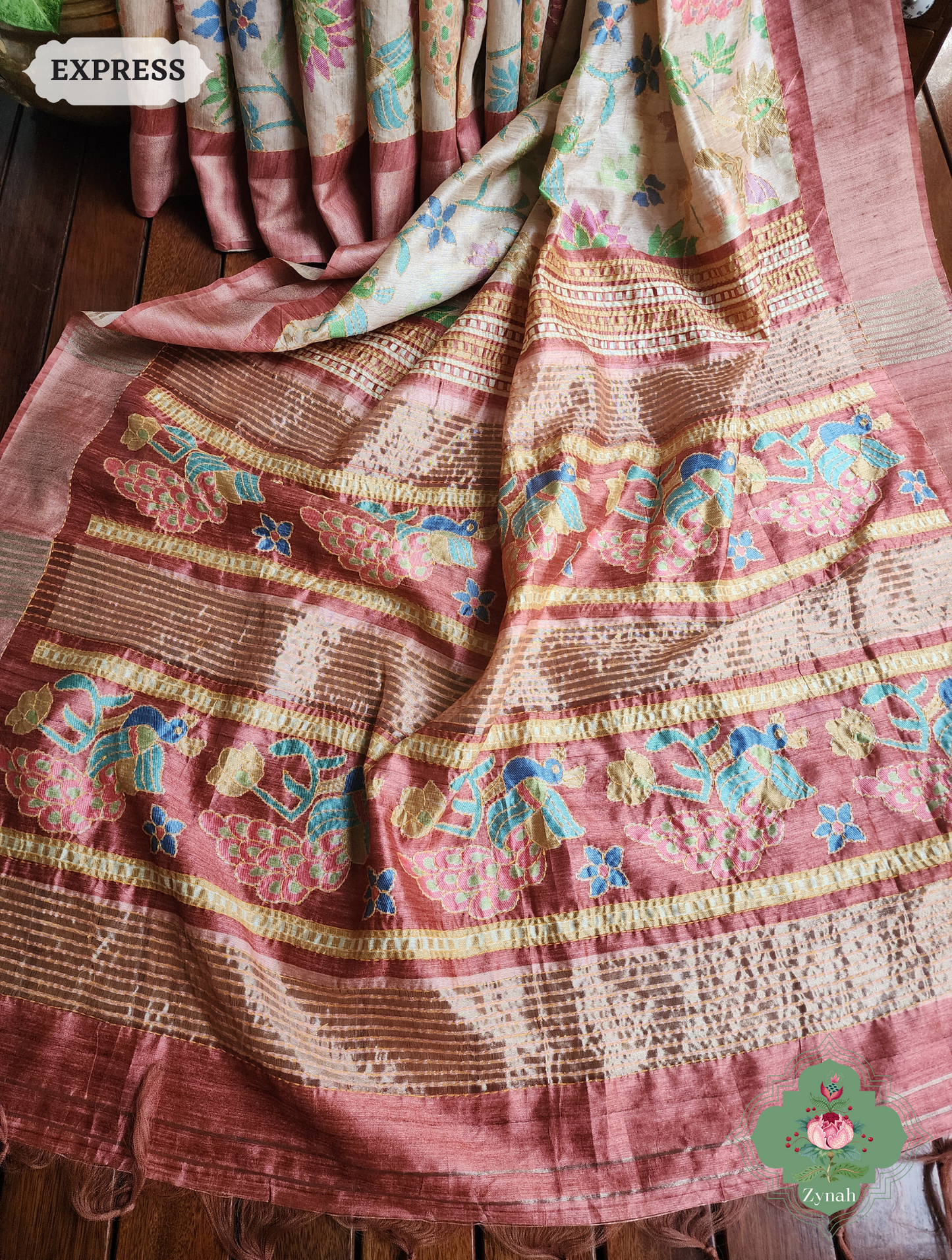 Beige & Coral Jute Linen Saree With Kantha Work & Mayura Motifs
