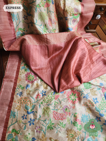 Beige & Coral Jute Linen Saree With Kantha Work & Mayura Motifs