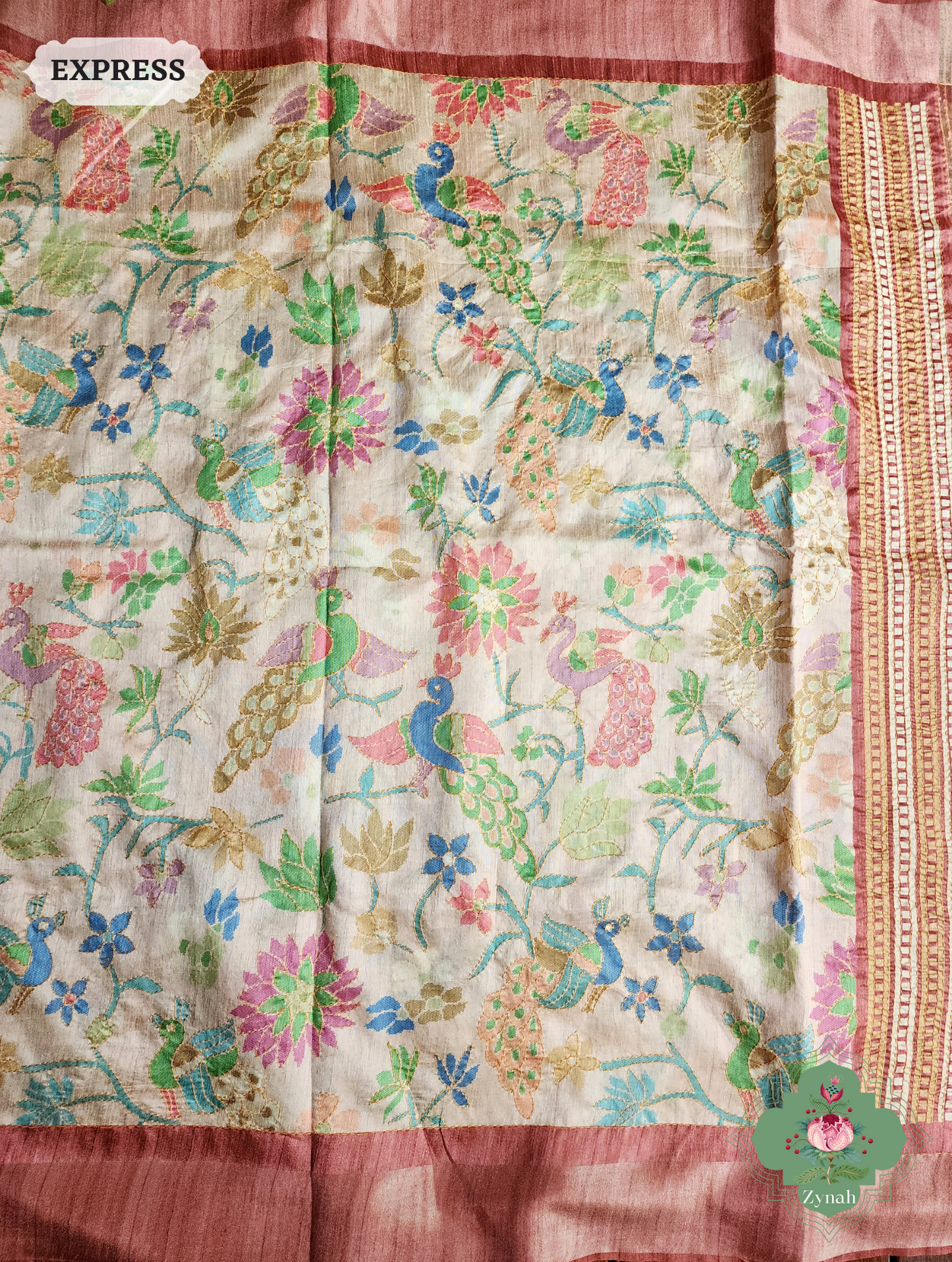 Beige & Coral Jute Linen Saree With Kantha Work & Mayura Motifs